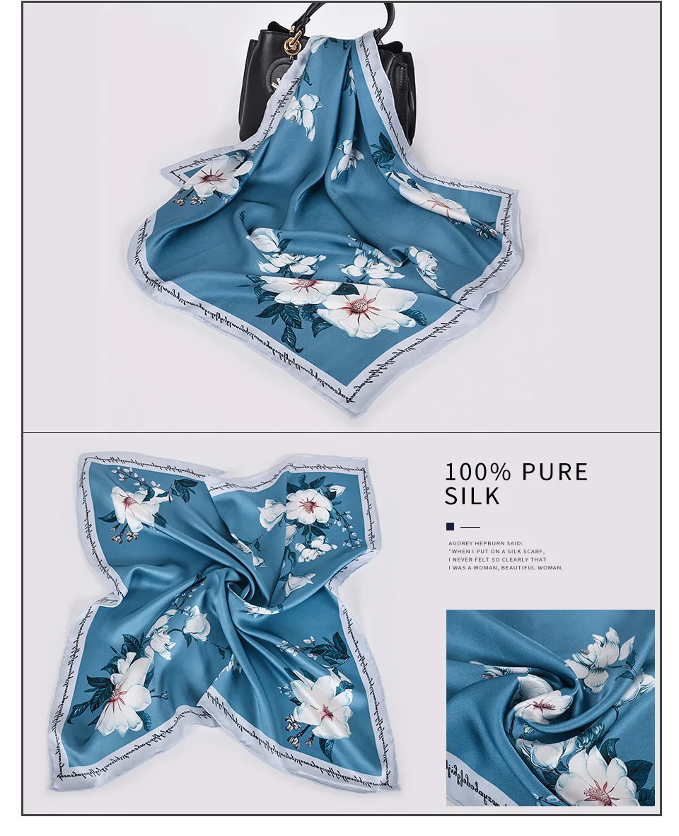 [BYSIFA] осень зима женские чистые шелковые квадратные платки синий шелковый шарф шаль Дамский шейный шарф цветочный дизайн шарфы, сатин