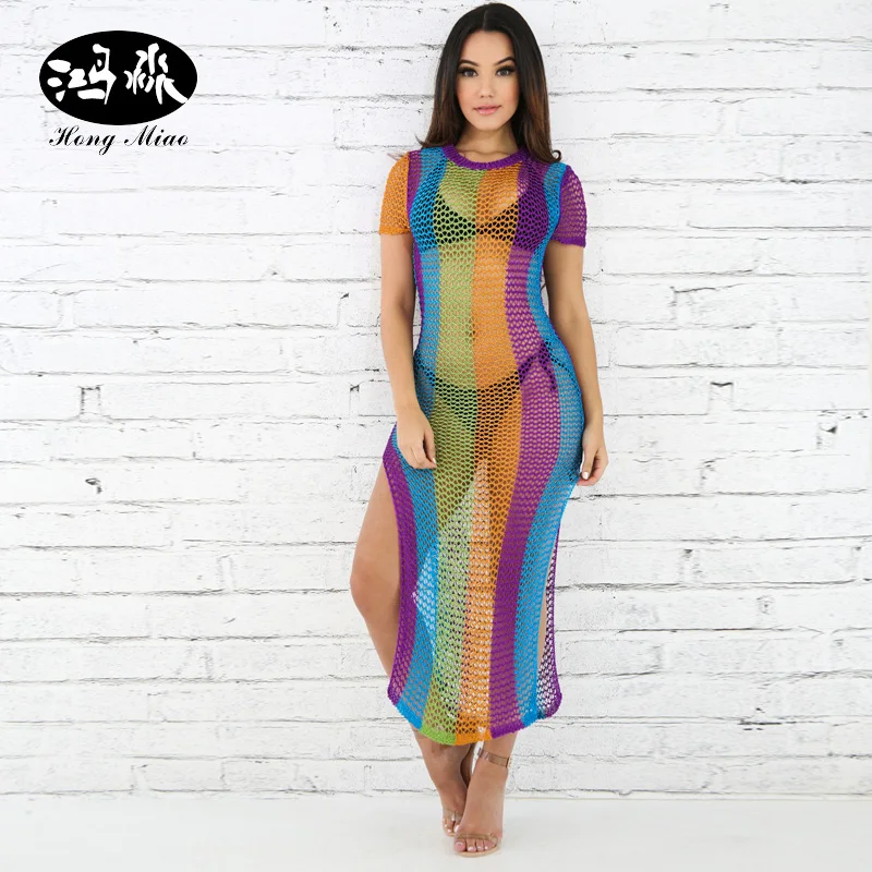 HongMiao 2017 Summer Beach Dress Women See Through Mesh Dress Short