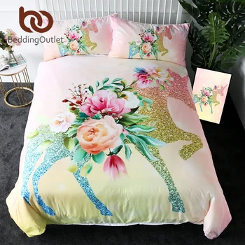 

BeddingOutlet Shining Unicorn Bedding Set Queen Flower Leaf Duvet Cover Girls Floral Home Textiles Pink Bedspreads 3pcs Bed Set