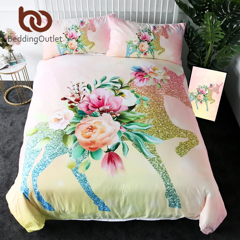 

BeddingOutlet Shining Unicorn Bedding Set Queen Flower Leaf Duvet Cover Girls Floral Home Textiles Pink Yellow Bedspreads 3pcs