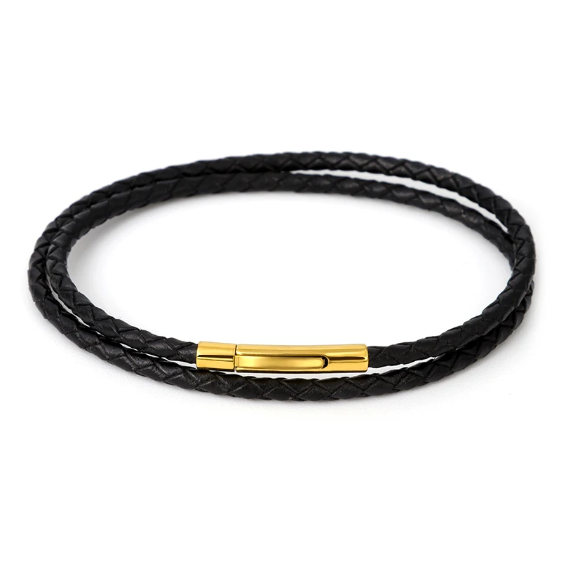 Новая мода два круга 3 мм Тонкий переплетенный черный кожаный браслет для мужчин трендовый нержавеющая сталь Серебро Золото Магнит пряжка браслет - Окраска металла: black gold buckle
