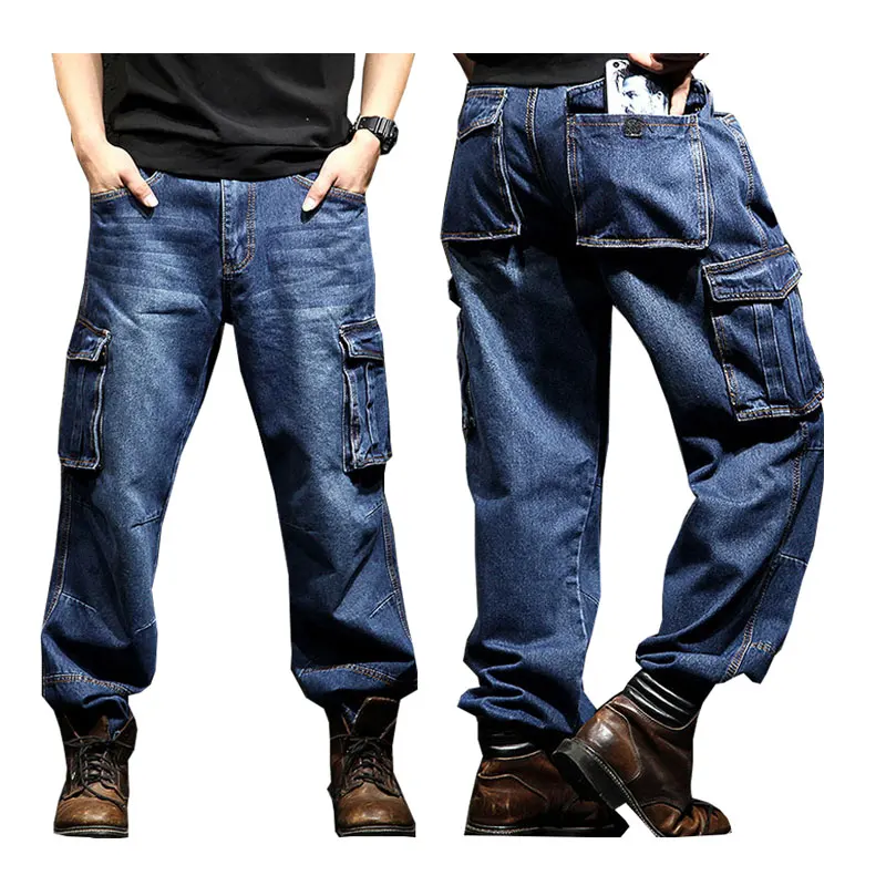 

Jeans Men2019 summer Multi-pocket overalls Men's Black jeans Loose Straight large size 46 Wear-resistant jeans Biker jeans
