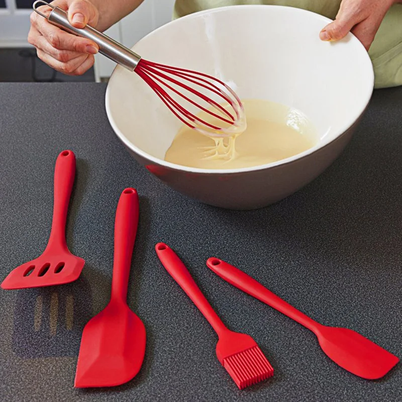 

5pcs Silicone Red Kitchen Utensil Set Spoon Baking Cooking Tools Non-Stick Spoon Turner Spatula Soup Ladle Cookware Kitchenware