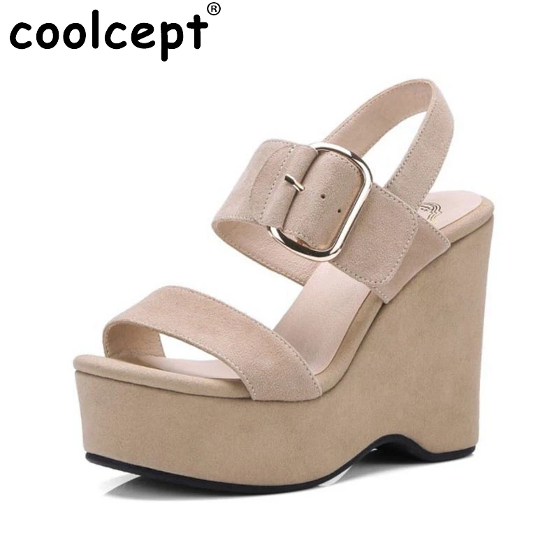 

Coolcept Women Princess Real Genuine Leather Platform Sandals Summer Solid Color Metal Wedges Sandals Woman Shoes Size 33-39