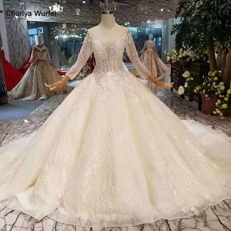 Ls11237 Ball Gown Organza Wedding Dress 2019 Illusion O Neck Long