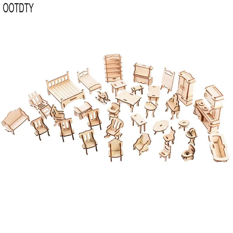 OOTDTY 1 مجموعة الأثاث حزمة الأطفال التعليم لغز الفتيان الفتيات DIY خشبية منشار تخريم ثلاثي الأبعاد الألغاز لعبة