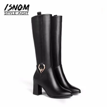 ISNOM/Новинка года; женские сапоги до колена; кожаная черная обувь на молнии; зимняя теплая женская обувь; сапоги на высоком квадратном каблуке; большие размеры 32-45
