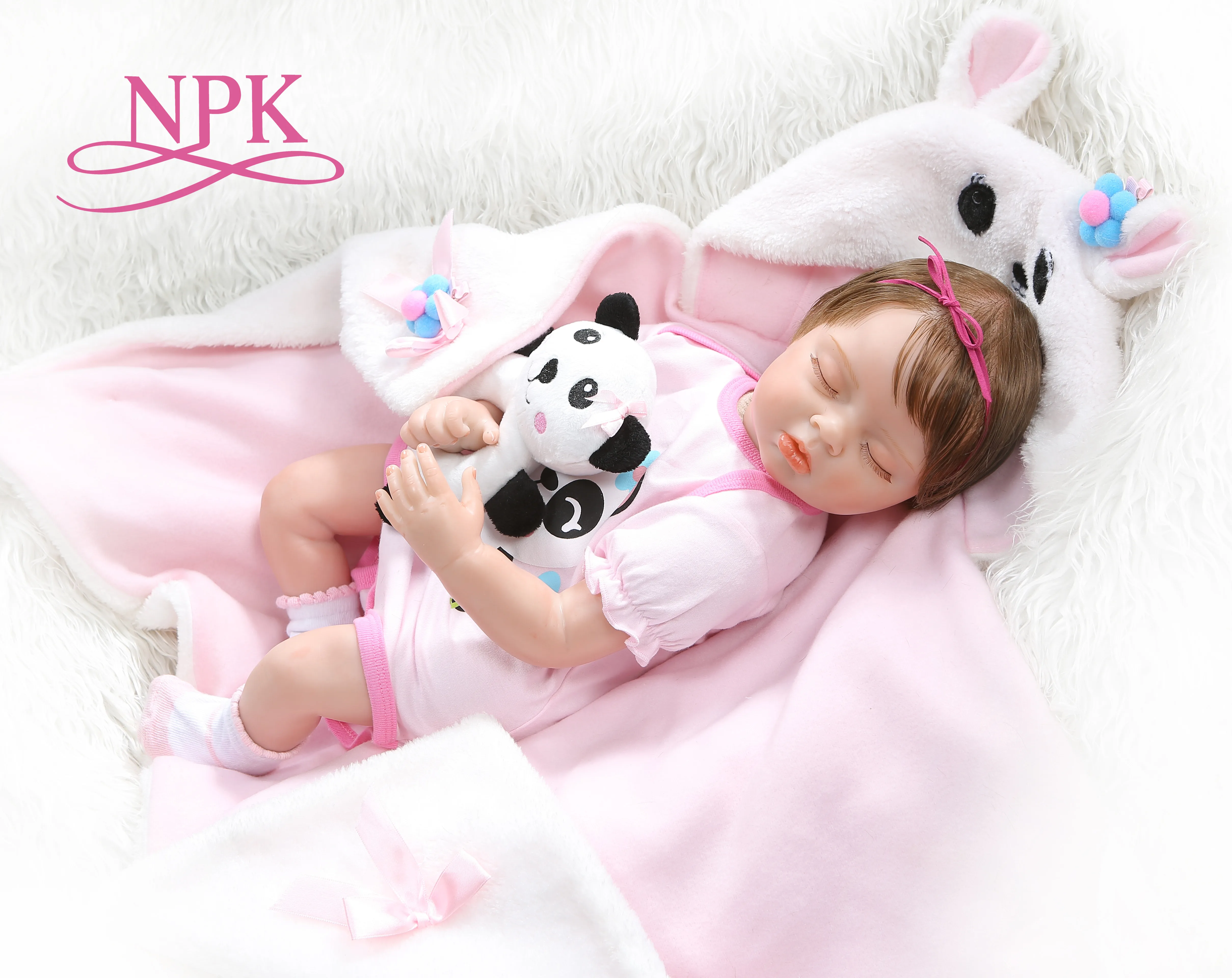 

NPK 55CM newborn baby doll bebe realitic reborn sleeping baby girl doll soft weighted body rooted hair in panda dress