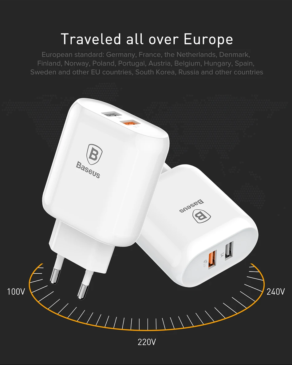 Baseus 23 Вт Быстрая зарядка 3,0 USB зарядное устройство для iPhone samsung Xiaomi QC3.0 5 В/3 А Быстрая зарядка EU дорожное настенное зарядное устройство для мобильного телефона