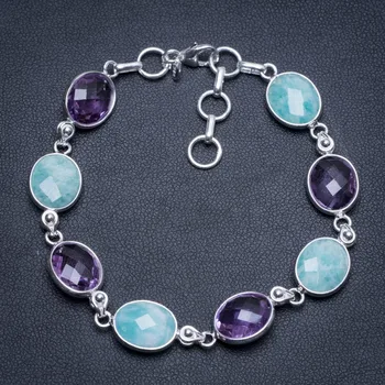 

Natural Amazonite and Amethyst Handmade Boho 925 Sterling Silver Bracelet 7-7 3/4" S1979