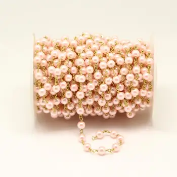 

Smooth Pink Glass Pearl Round Shape Beads Jewelry with Wire Wrapped Brass Links for Bracelet Necklace Handmade Gifts