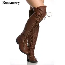 Женские зимние новые модные кожаные сапоги выше колена на плоской подошве на шнуровке высокие рыцарские Сапоги на молнии коричневого и черного цвета теплые сапоги высокого качества