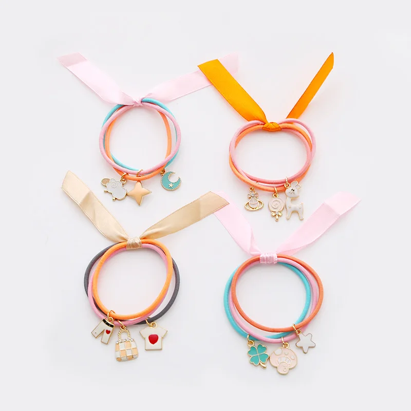 

4 PCS Candy Color Ribbon Bow Kids Elastic Hair Band Hair Tie Children Rubber Bands Cat Pendant Multi Shape Girl Accessories