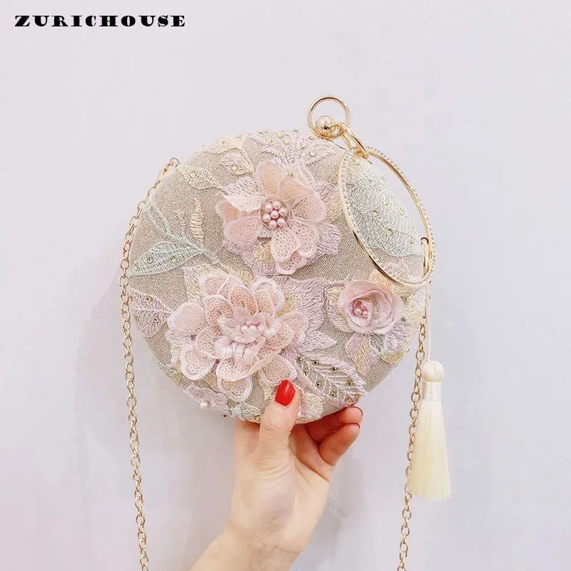 

ZURICHOUSE 2019 Luxurious Retro Tassel Evening Clutch Bag Handmade Embroidery Flower Round Dinner Bag Purse Day Wedding Handbags
