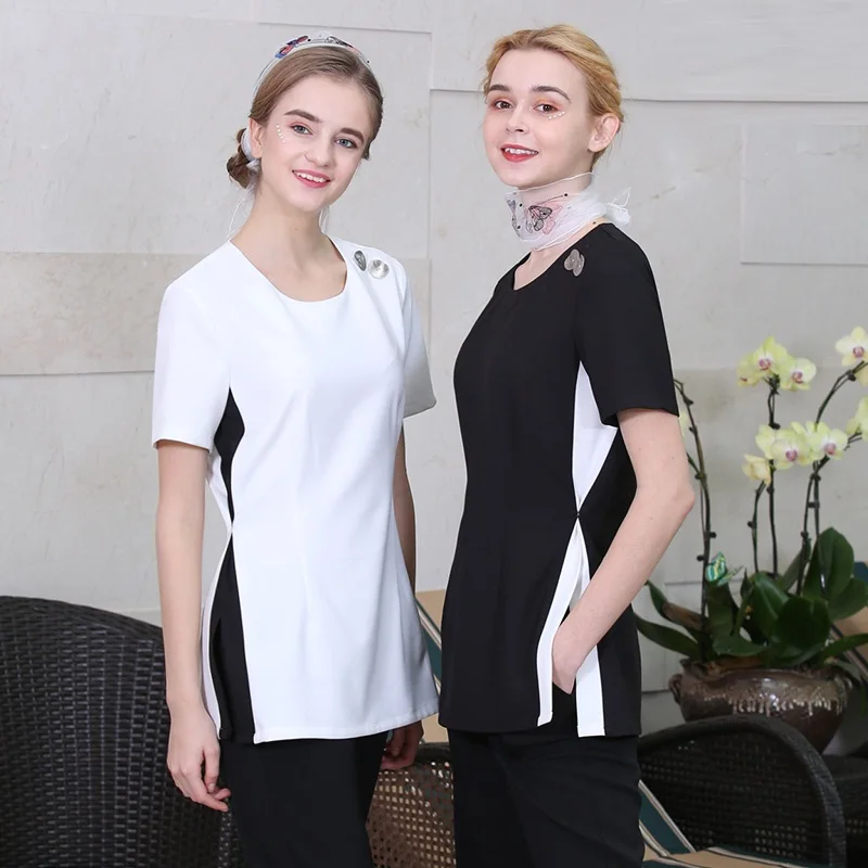 

2019 Latest Beauty Salon SPA Uniforms Women's White Blouse+Pants Set Fashion Tea House Working Clothing Black Vest+Top+Pants Set