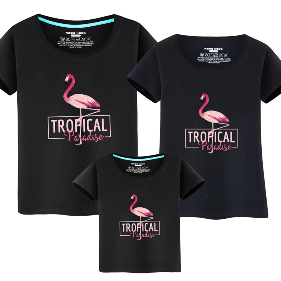 

Family Matching Clothes Tropical Flamingo Child Tshirt Short-Sleeved Cartoon Pattern T-shirt Couple Clothing Matching Outfits