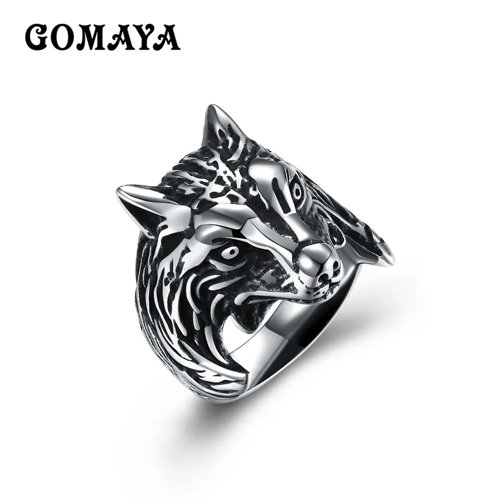 

GOMAYA Animal Wolf Head Men Rings Vintage Large Male Ring Fashion Finger Accessories Anel Masculino Bague
