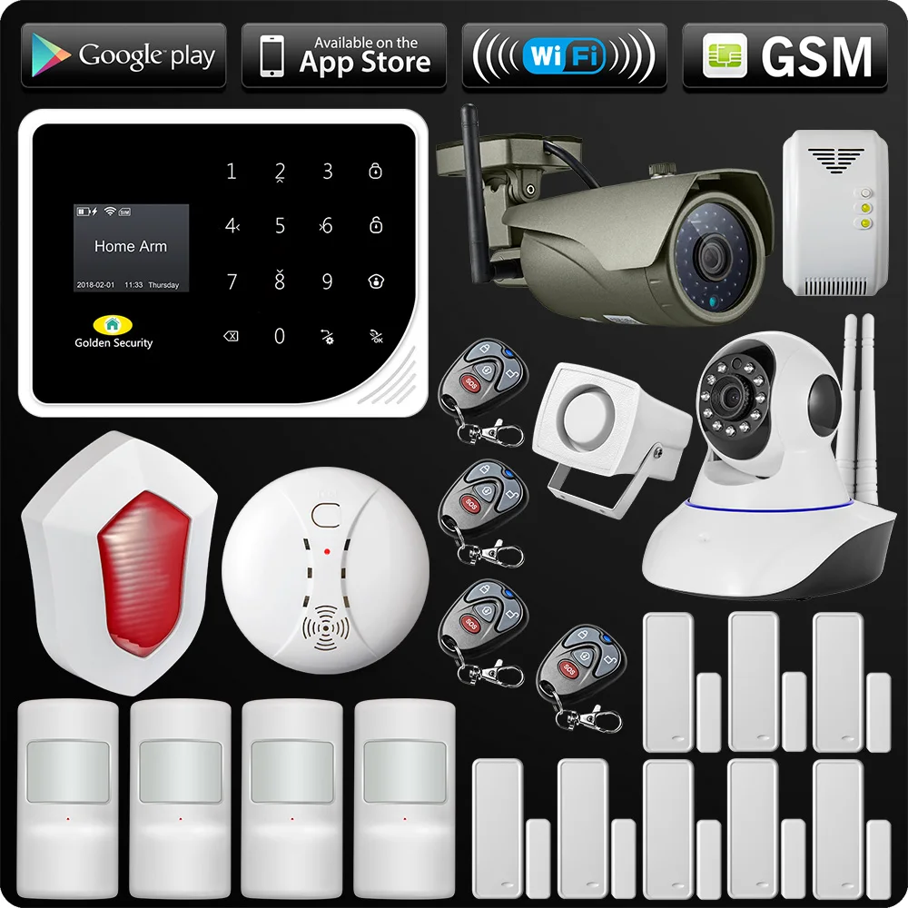 WIFI GSM Alarm System Security APP ISO Android Control Alarm Outdoor Wifi IP Camera Flash Siren