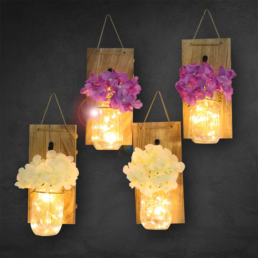 

2Pack LED Mason Jars Light Fairy Light Romantic Sconce Rustic Wall Sconces With Hydrangea Hanging Fake flower Decoration D25