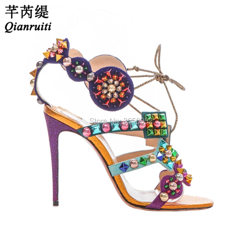 

Qianruiti Brand Luxury Ladies Sandals Summer Boots Multicolor Leather Rivet Studded Shoes Cut Outs Lace Up Stiletto High Heels