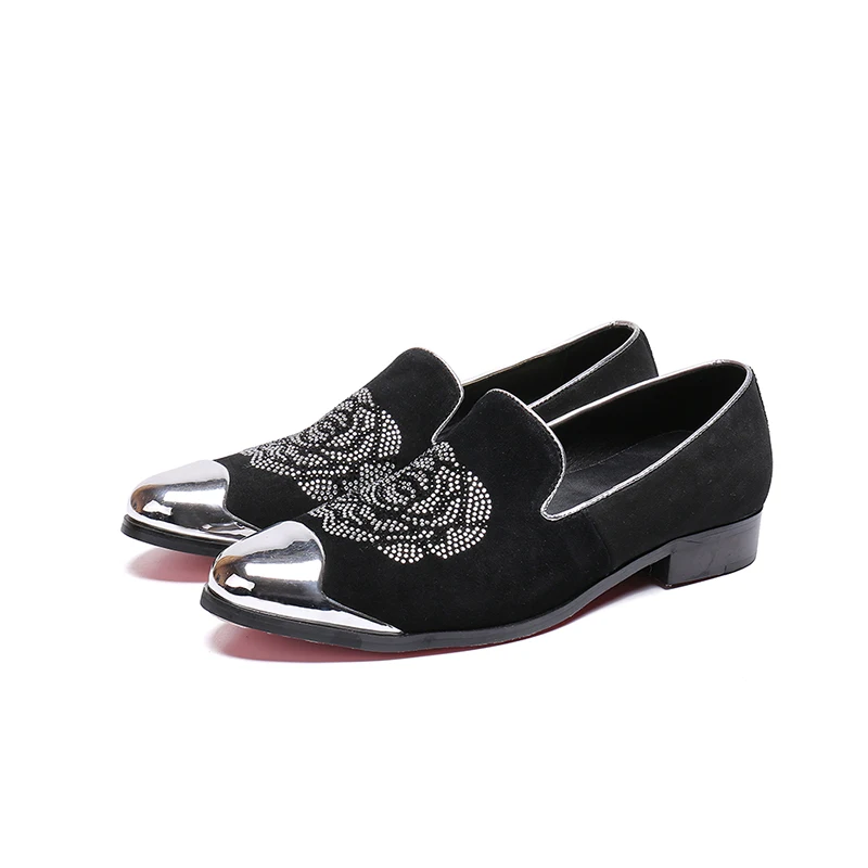 

2018 Male Shoes Metal Round Toe Men Loafers Slip On Men Flats Luxury Brand Rose Pattern Shoe Low Top Glitter Crystal Embellished