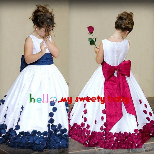 Cheap Custom Make Little Girls Party Dresses Crew Neckline A Line Hand Made Flowers Petals Bow Floor Length Flower Girls Dresses