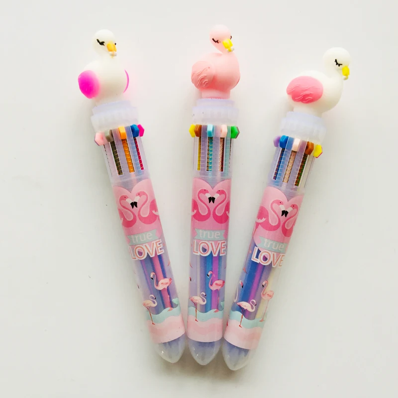 

1pc Soft Silicone Flamingo Head 10 In 1 Colorful Ballpoint Pen Writing Drawing Student Stationery School Office Supply
