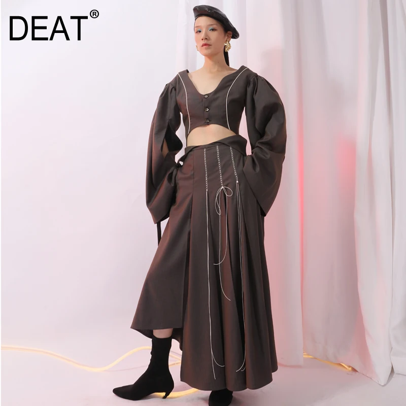 

[DEAT] 2019 New Spring High Waist Brown Plaid Split Joint Irregular Hem Strap Half-body Skirt Women Fashion Tide JI330