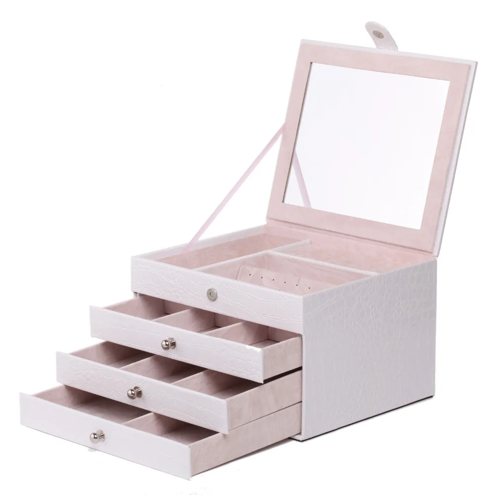 

New Large Jewelry Storage Box White Fashion Snake Pattern Leather Container Rings Bracelets Cases Mirror Necklace Velvet Display