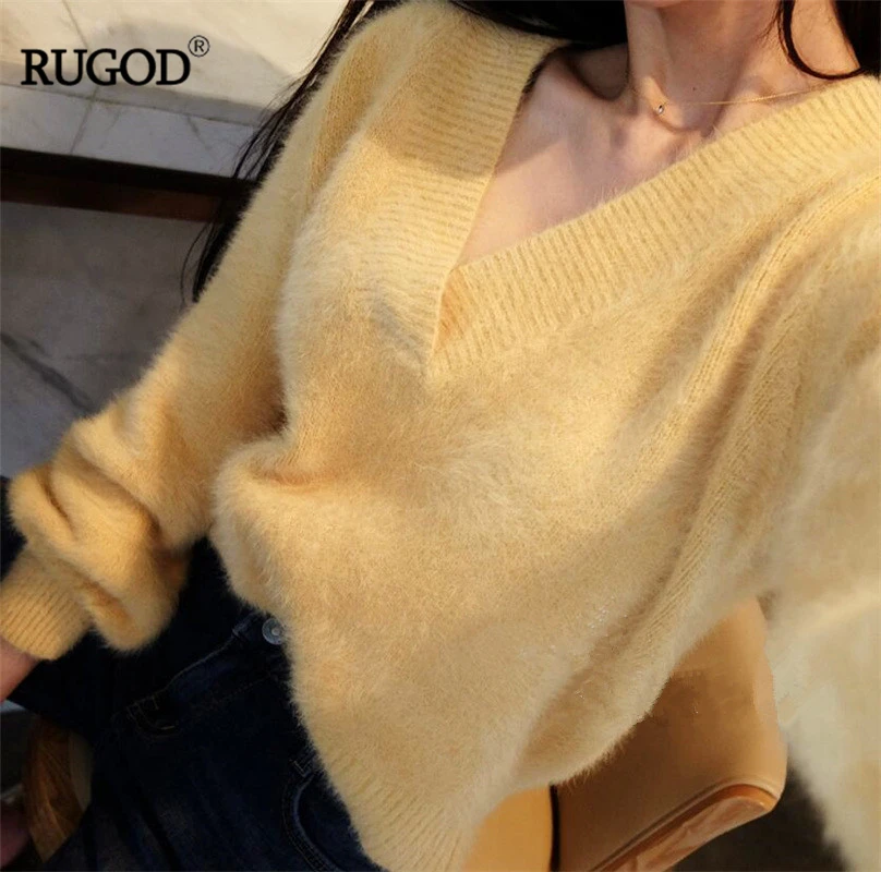 RUGOD элегантный вязаный свитер с v-образным вырезом и рукавом-фонариком, женский свободный однотонный кашемировый свитер, очаровательный мягкий женский пуловер для офиса, топы