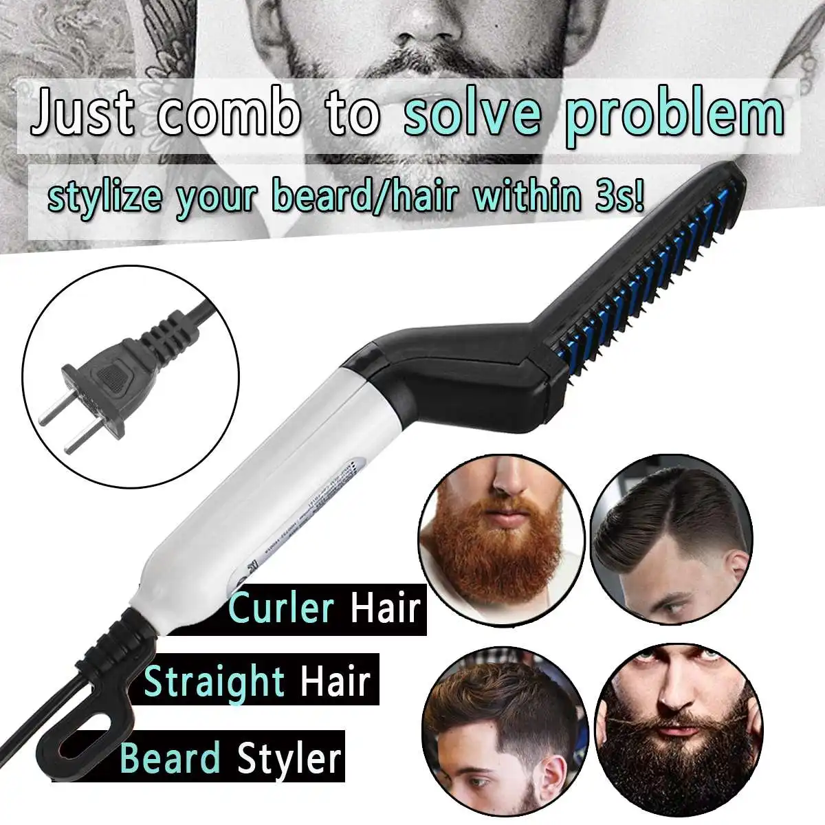 

Men Quick Beard Straightener Styler Comb Multifunctional Hair Curling Curler Show Cap Tool Electric Hair Styler for Men