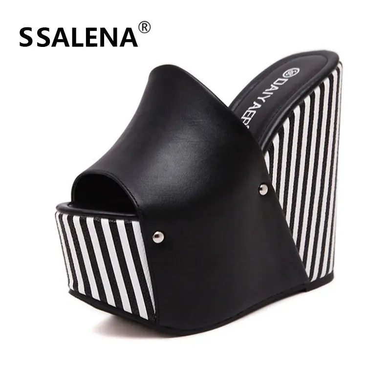 

Women Striped Platform Slippers Female Fashion Super High Heels 16cm Wedge Slippers Women Open Toes Party Club Slides AA52274