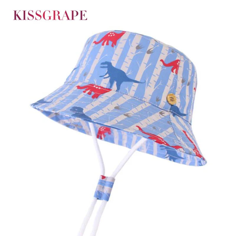 

New Kids Children's Summer Bucket Hat Boys Reversible Sun Protection Cap Foldable Cartoon Dinosaur Beach Panama Sun Hat 1-4