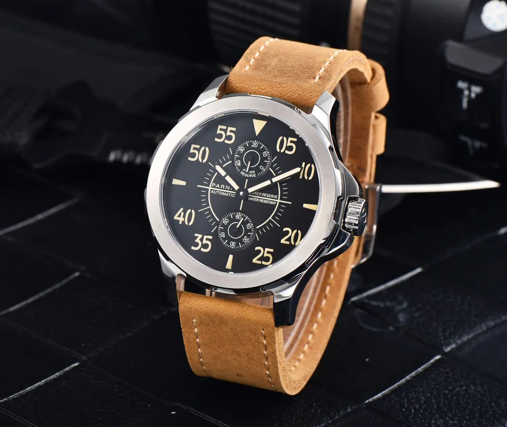 2017 التلقائي ووتش الرجال Parnis 43 مللي متر الميكانيكية ساعة معصم قوة الاحتياط تاريخ السيارات