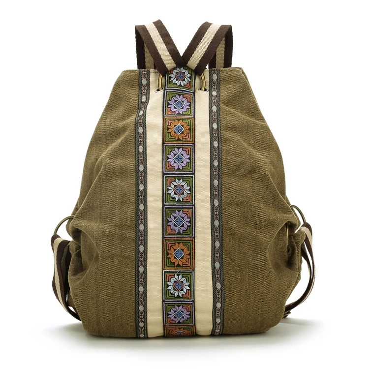 High Quality sac a dos Ethnic Vintage Canvas Backpacks for Women Embroidered Rucksack Drawstring Bag School