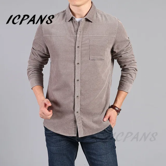 ICPANS, Осень-зима, мужская рубашка, хлопок, длинный рукав, Camisa Masculina Chemise Homme, вельветовые рубашки для мужчин, размера плюс, XXXL - Цвет: 1430 Khaki gray