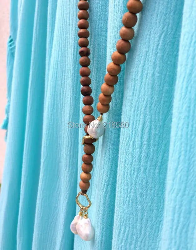 

M510236070 Lariat Necklace Freshwater Baroque Pearls Wood Beads Necklace