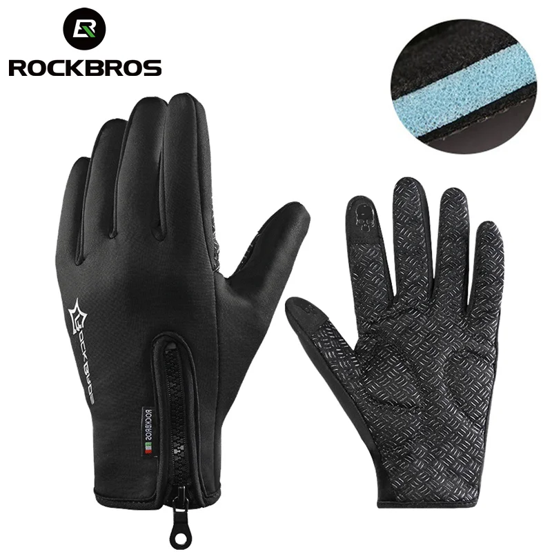 ROCKBROS MTB дорожный велосипед Зима Полный лыжные перчатки теплые перчатки с сенсорным экраном моющиеся спортивные противоскользящие полный палец велосипедные лыжные перчатки