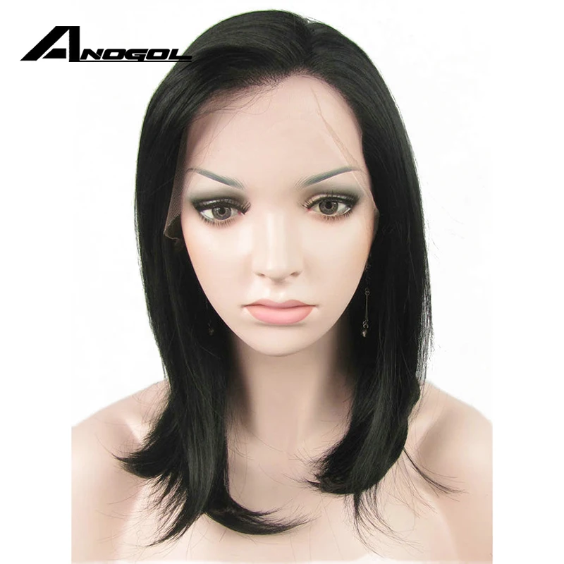 

Anogol #2 Dark Brown High Temperature Fiber Black Medium Shoulder Length Straight Bob Synthetic Lace Front Wig With Free Part