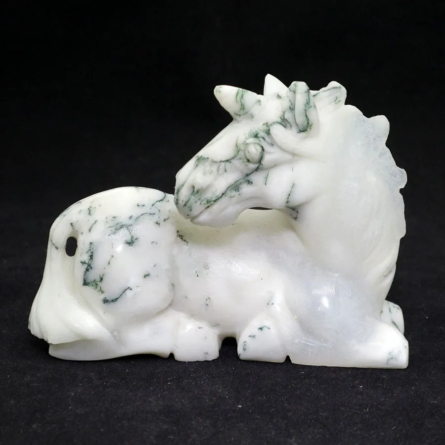

3.9"MOSS AGATE Handmade Carved Crystal Unicorn Skull Crystal Realistic Healing Furnishing Articles Figurine TE98