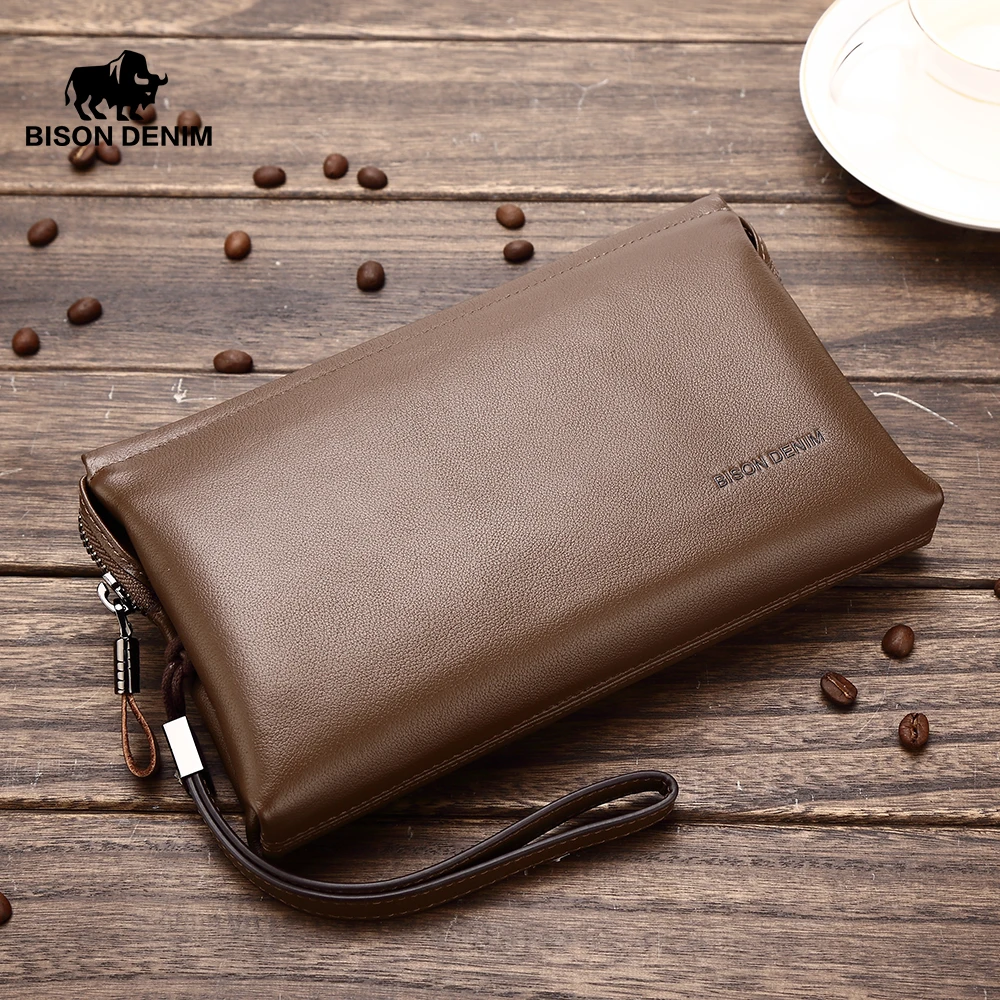 BISON DENIM carteras para hombres de cuero genuino de lujo de la marca los hombres Cartera de embrague masculino de gran Cartera de piel de vaca N2257|Carteras| -