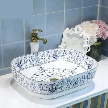 

Oval Ceramic Washbasin Table Basin Chinese Art Basin Retro Toilet Basin counter top blue white ceramic wash basin bathroom sink
