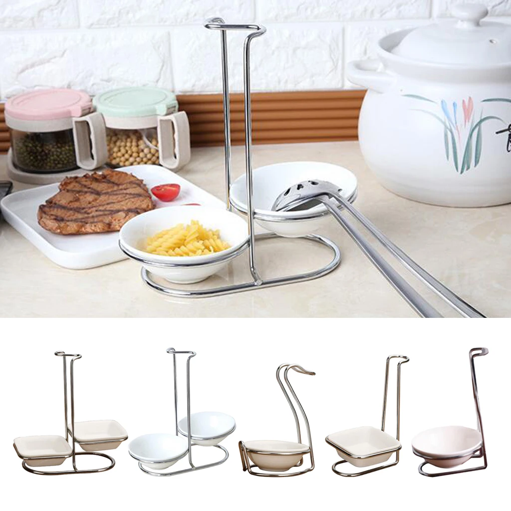 Modern Round Ceramic Bowl Ladle Stainless Steel Spoon Rest Holder with Polished Pot Clips Vertical Design Rack Kitchen Gadgets