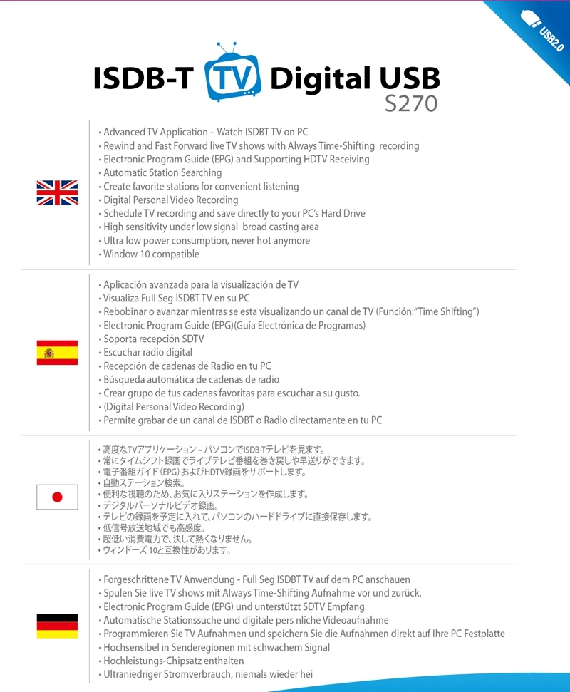 Full Seg ISDB-T GENIATECH S270 USB HD ТВ тюнер Палка для Японии Бразилии Аргентина Перу Чили с испанским, португальский язык