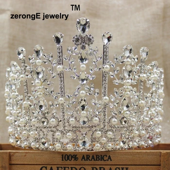 

zerongE jewelry 5.3inch large brilliant pearl crown tiara pageant bridal wedding pearl crown tiara for women