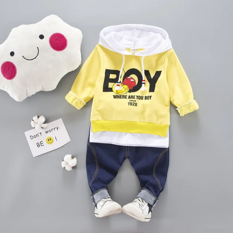 Коллекция года, осенняя модная одежда для новорожденных мальчиков и девочек хлопковая куртка с капюшоном+ джинсовые штаны костюм из 2 предметов комплекты одежды для новорожденных - Цвет: Цвет: желтый