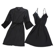 Для женщин пикантные атласные модные пижама в стиле пэчворк слинг халат с длинными рукавами Модный комплект летней шифоновое платье комплект 40mi01