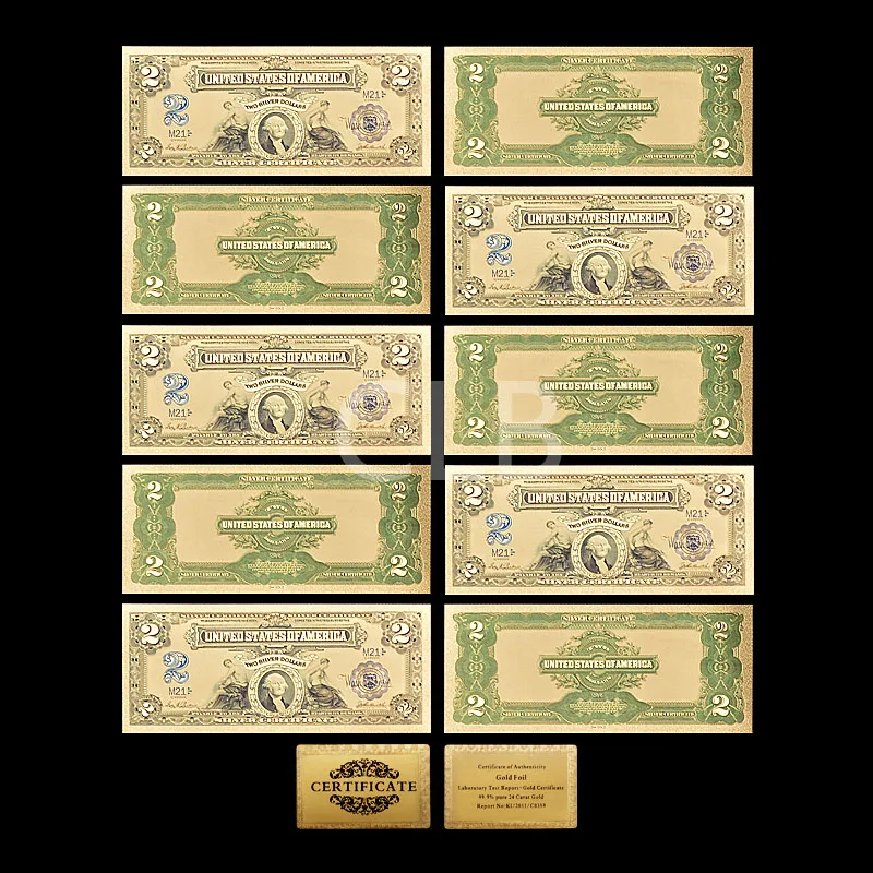 10 шт. Американский один миллион золотых банкнот Позолоченные Купюры в долларах США с сертификатом для украшения бумажных денег - Цвет: 2 dollar of 1899