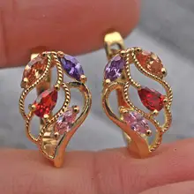 Лидер продаж, новинка, кольца серьги для Для женщин Золотой Цвет серьги с вырезами в форме листьев Форма радужной расцветки с цирконием, ювелирное изделие, коктейль Для женщин серьги Мода