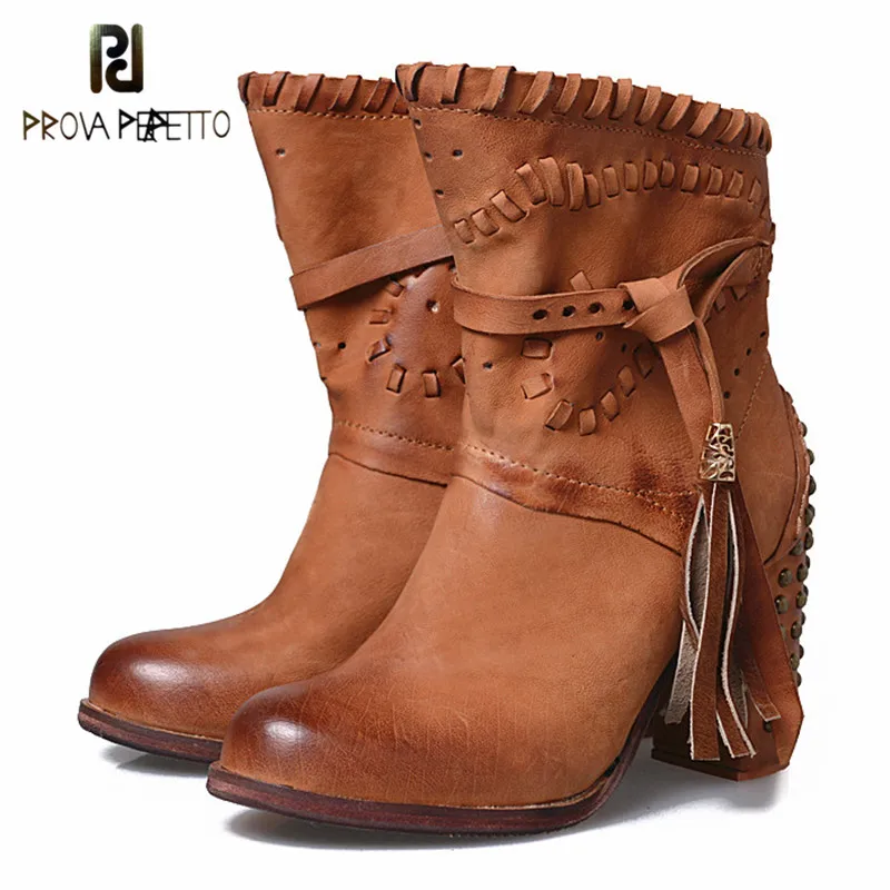 

Prova Perfetto British Style Sweety Round Toe Genuine Leather Strap Fringe Boots Grace Sewing Design Chunky High Heel Boots